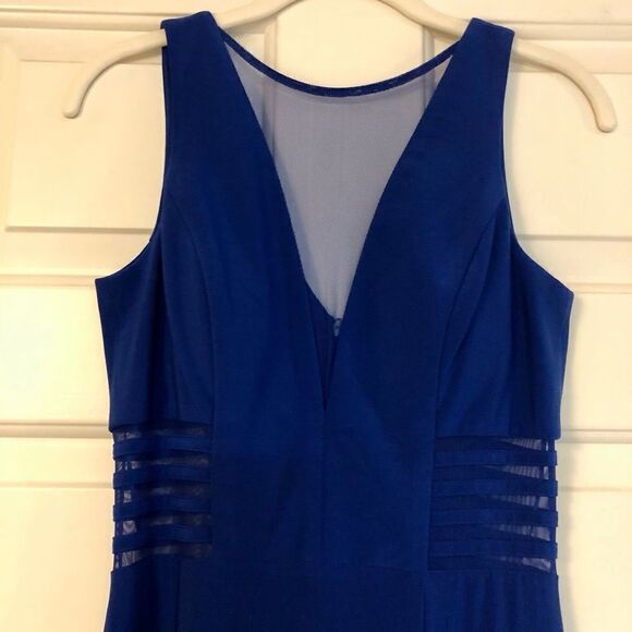 Morgan & Co. Blue Maxi Plunging V neck, Side Mesh Cutouts A-Line Size 5 - Picture 3 of 16